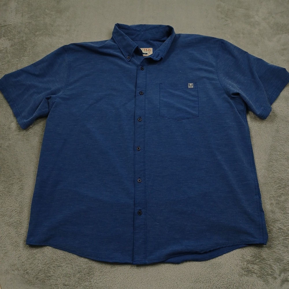 Huk Shirt Mens XL Blue Button Up Short Sleeve Fishing Outdoor Casual